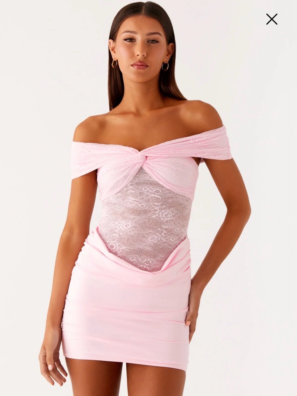 Peppermayo Off-Shoulder Lace Twist Mini Dress - Light Pink